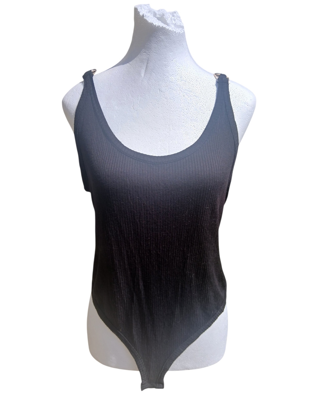 Free People Black Ribbed Scoop Bodysuit with Hardware Straps